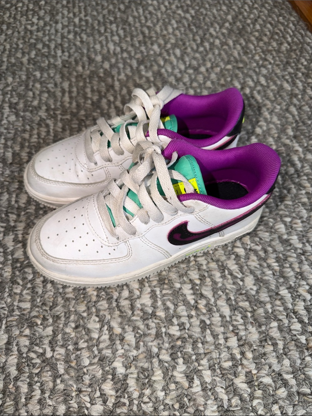 Nike Kids White Sneakers with Purple & Teal Accents